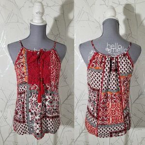 Solitaire Red Floral Paisley Printed Tie Front Tank